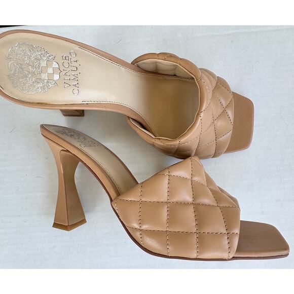 Vince Camuto Dulce de Leche Quilted Leather Mules Heels 9M Neutral Chic Classic - Picture 1 of 11